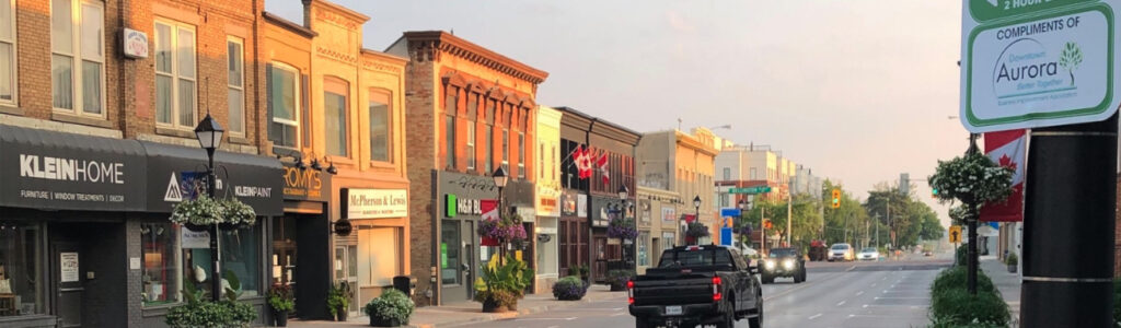 Quaint shops along the streets of Aurora, Ontario
