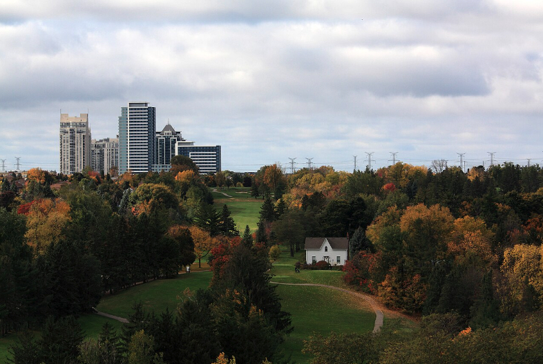 An overview of Thornhill, Ontario with lush green spaces and urban amenities
