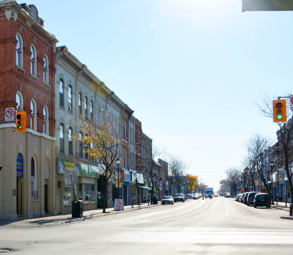 Shops along Brock Street in Whitby, Ontario 